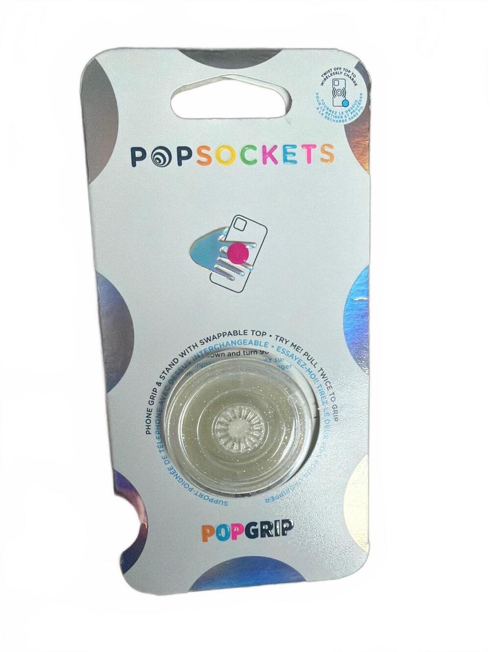PopSockets PopGrip Phone Grip and Stand with Swappable Top - Clear Glitter - NEW